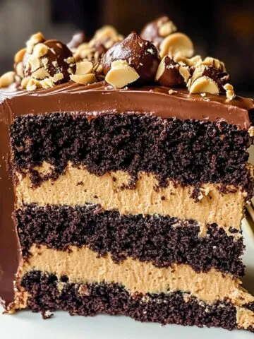 A realistic slice of homemade chocolate peanut butter cake with dark, moist layers, creamy peanut butter frosting, glossy chocolate ganache, and a topping of peanuts and chocolate candies on a white plate.