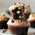 Bitten Homemade Chocolate Zucchini Muffins with chocolate chips, stacked on another, showing moist texture and green zucchini inside.