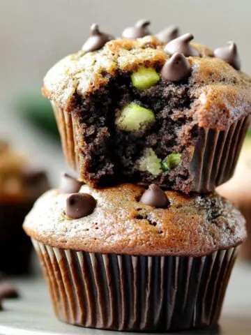 Bitten Homemade Chocolate Zucchini Muffins with chocolate chips, stacked on another, showing moist texture and green zucchini inside.