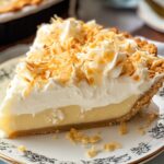 A slice of homemade coconut cream pie on a vintage floral plate, showing a golden crumb crust, creamy yellow custard, whipped cream topping, and toasted coconut flakes.