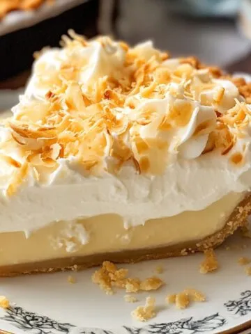 A slice of homemade coconut cream pie on a vintage floral plate, showing a golden crumb crust, creamy yellow custard, whipped cream topping, and toasted coconut flakes.