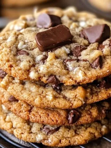 A close-up of a stack of homemade Cowboy Cookies with chocolate chips and chunks, golden-brown edges, and a soft, chewy center. The cookies have a rustic, homemade look with a sprinkle of coarse salt on top.