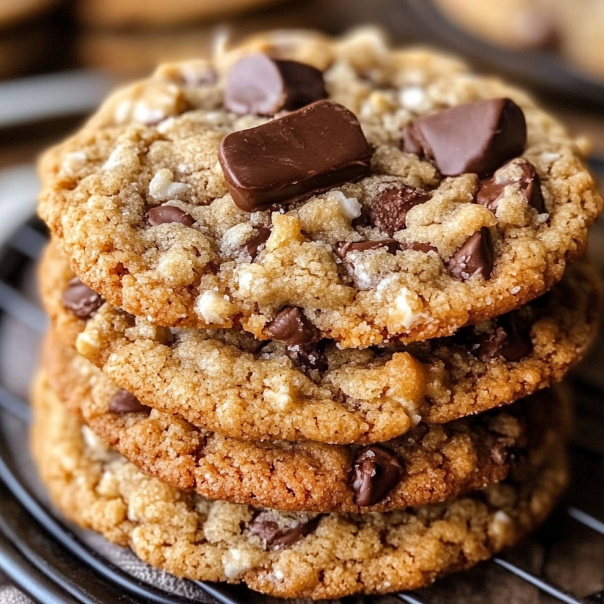 A close-up of a stack of homemade Cowboy Cookies with chocolate chips and chunks, golden-brown edges, and a soft, chewy center. The cookies have a rustic, homemade look with a sprinkle of coarse salt on top.