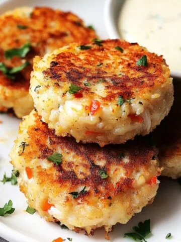 Homemade golden-brown crab cakes with visible crab meat and herbs, served on a white plate with parsley garnish and a side of creamy dipping sauce.
