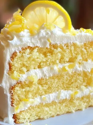 A slice of homemade lemon cake with three moist layers, fluffy white frosting, lemon zest, and a fresh lemon slice on top, served on a white plate.