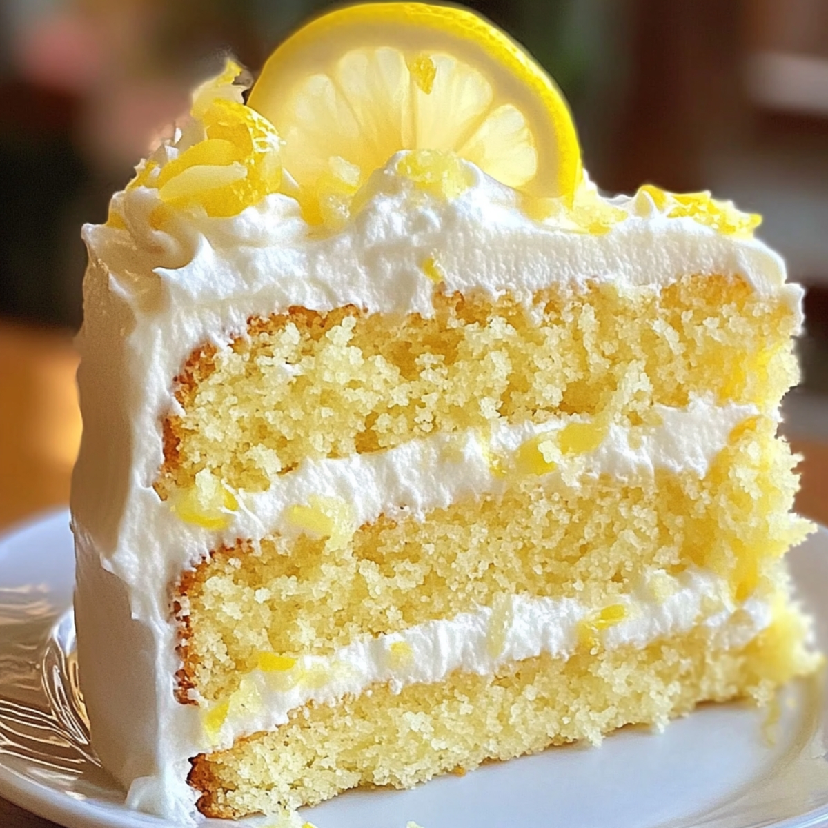 A slice of homemade lemon cake with three moist layers, fluffy white frosting, lemon zest, and a fresh lemon slice on top, served on a white plate.