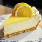 A slice of homemade lemon cheesecake with a graham cracker crust, glossy lemon curd topping, whipped cream, and fresh lemon slices on a floral plate.