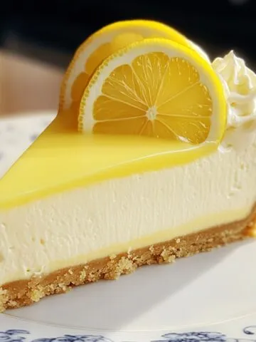 A slice of homemade lemon cheesecake with a graham cracker crust, glossy lemon curd topping, whipped cream, and fresh lemon slices on a floral plate.