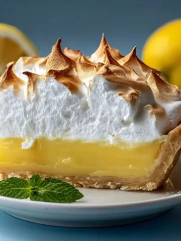 A homemade slice of lemon meringue pie with golden toasted meringue, bright yellow lemon curd, and flaky crust, served on a white plate with a mint garnish and fresh lemons in the background.
