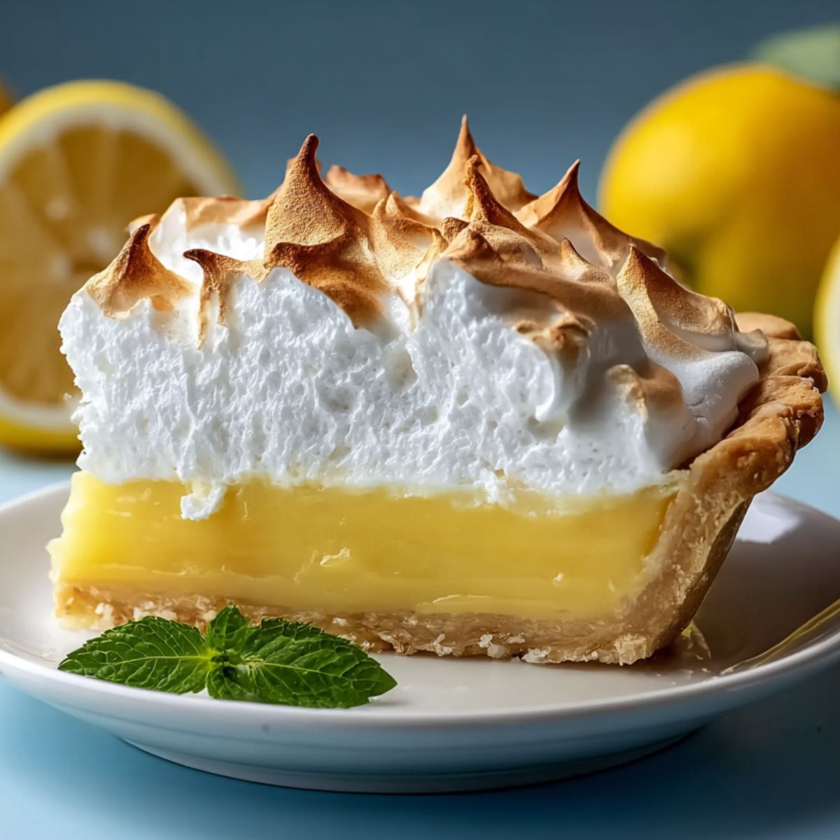 A homemade slice of lemon meringue pie with golden toasted meringue, bright yellow lemon curd, and flaky crust, served on a white plate with a mint garnish and fresh lemons in the background.