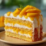 A slice of homemade mango cake with four moist sponge layers, whipped cream, and fresh mango puree, topped with glazed mango slices and a mint sprig, served on a beige plate.