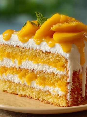 A slice of homemade mango cake with four moist sponge layers, whipped cream, and fresh mango puree, topped with glazed mango slices and a mint sprig, served on a beige plate.