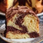 Homemade Marble Cake Recipe slice with rich chocolate and vanilla swirls, topped with glossy chocolate ganache and shavings, served on a decorative plate with the whole cake in the background.