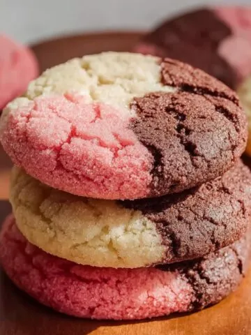 Homemade Neapolitan cookies with pink, vanilla, and chocolate sections stacked on a wooden surface.