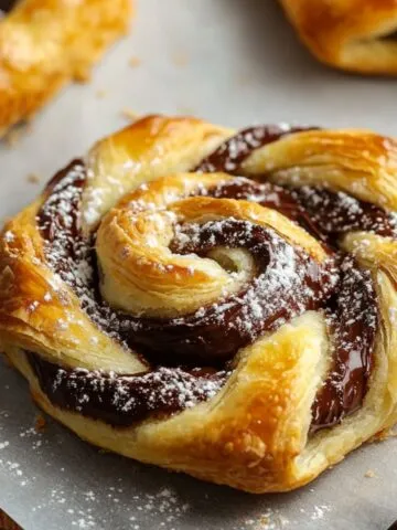 Golden, flaky homemade Nutella puff pastry swirled with rich chocolate hazelnut spread and dusted with powdered sugar.