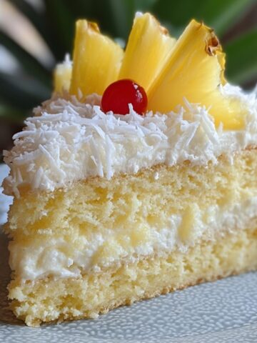 A slice of homemade pineapple coconut cake with two layers of moist yellow sponge, creamy frosting, and shredded coconut on top. Garnished with fresh pineapple wedges and a cherry, served on a ceramic plate with a soft, natural background.