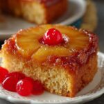 A slice of homemade Pineapple Upside Down Cake Recipe with a caramelized pineapple ring and cherry on top, served on a white plate with extra maraschino cherries on the side.