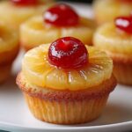 Homemade pineapple upside down cupcakes topped with a glossy cherry and caramelized pineapple ring, on a white plate with more cupcakes blurred in the background.