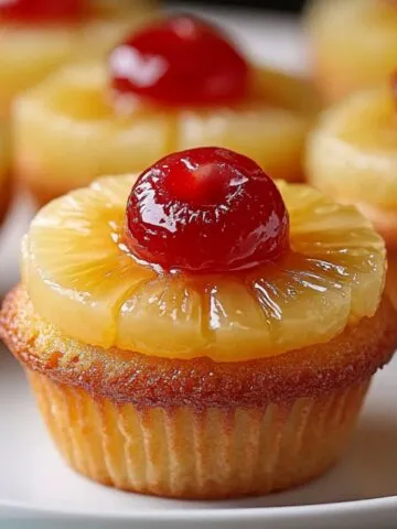 Homemade pineapple upside down cupcakes topped with a glossy cherry and caramelized pineapple ring, on a white plate with more cupcakes blurred in the background.