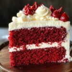 A slice of homemade red velvet cake with cream cheese frosting and piped red and white decorations on top, served on a wooden cake stand.