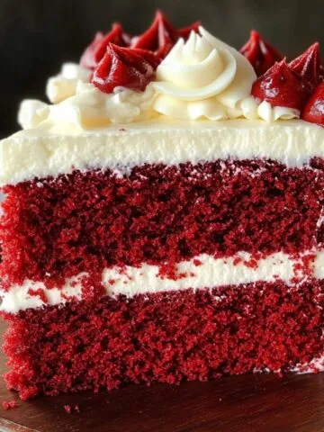 A slice of homemade red velvet cake with cream cheese frosting and piped red and white decorations on top, served on a wooden cake stand.