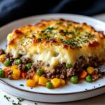 Homemade shepherd’s pie slice with golden mashed potato topping, ground meat, peas, carrots, and corn in rich gravy, served on a white plate.