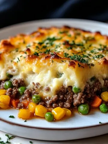Homemade shepherd’s pie slice with golden mashed potato topping, ground meat, peas, carrots, and corn in rich gravy, served on a white plate.