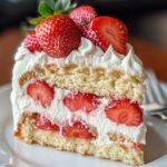 A slice of homemade strawberry shortcake cake with fluffy vanilla layers, whipped cream, and fresh strawberries on top, served on a white plate with a fork.