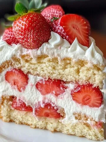 A slice of homemade strawberry shortcake cake with fluffy vanilla layers, whipped cream, and fresh strawberries on top, served on a white plate with a fork.