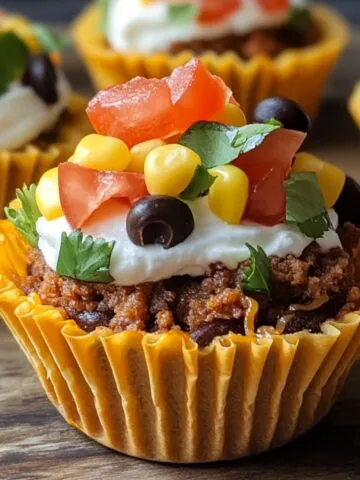 Homemade Taco Cupcakes in a yellow liner, topped with ground beef, sour cream, tomatoes, corn, black olives, and cilantro on a wooden surface.