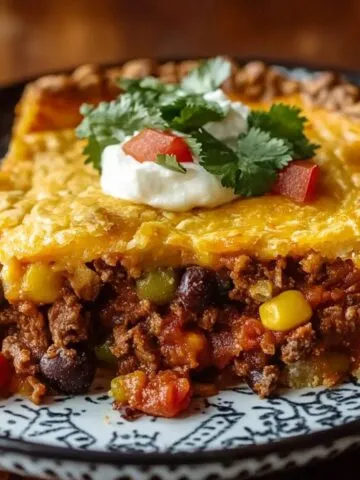 A slice of homemade tamale pie with a golden cornbread crust, hearty beef and bean filling, topped with sour cream, tomato, and cilantro on a patterned plate.