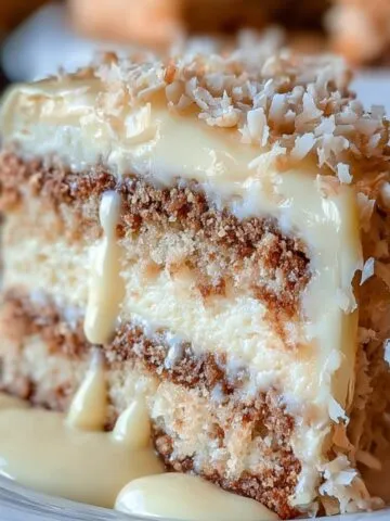 A slice of homemade white German chocolate cake with coconut pecan frosting and white chocolate drizzle on a white plate.