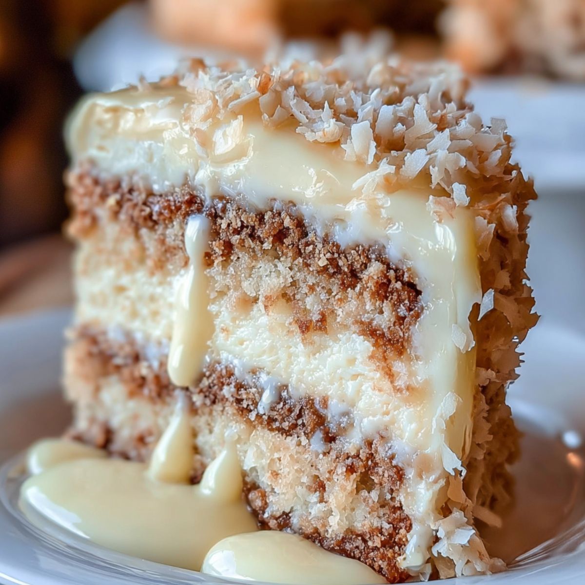 A slice of homemade white German chocolate cake with coconut pecan frosting and white chocolate drizzle on a white plate.