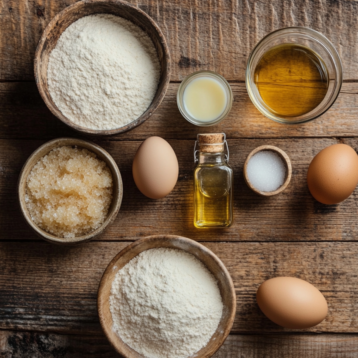 Flour, sugar, eggs, oil, and other ingredients arranged on a rustic wooden table for making applesauce cake.