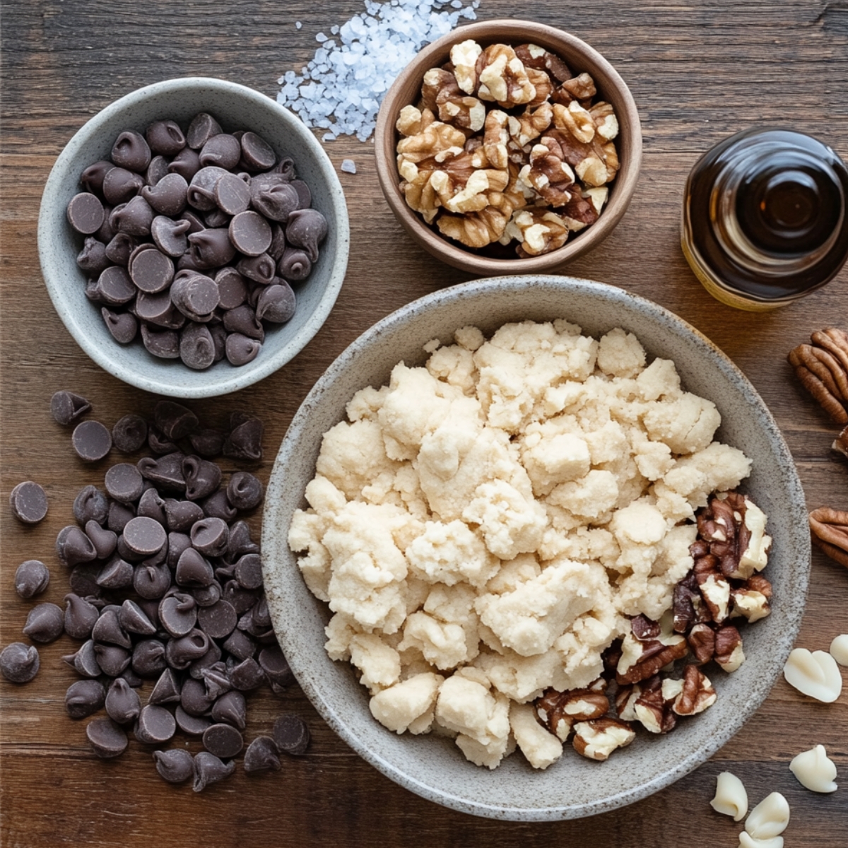 Close-up of homemade chocolate chip cookie mix-in ingredients on a wooden surface, including a bowl of cookie dough, dark chocolate chips, chopped walnuts, sea salt, and a bottle of vanilla extract.