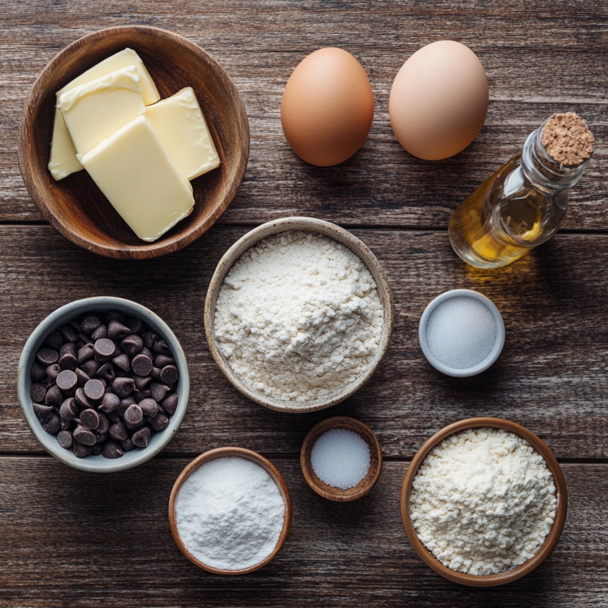 Flat lay of homemade chocolate chip cookie ingredients on a rustic wooden surface, including eggs, butter, flour, sugar, chocolate chips, and vanilla extract.