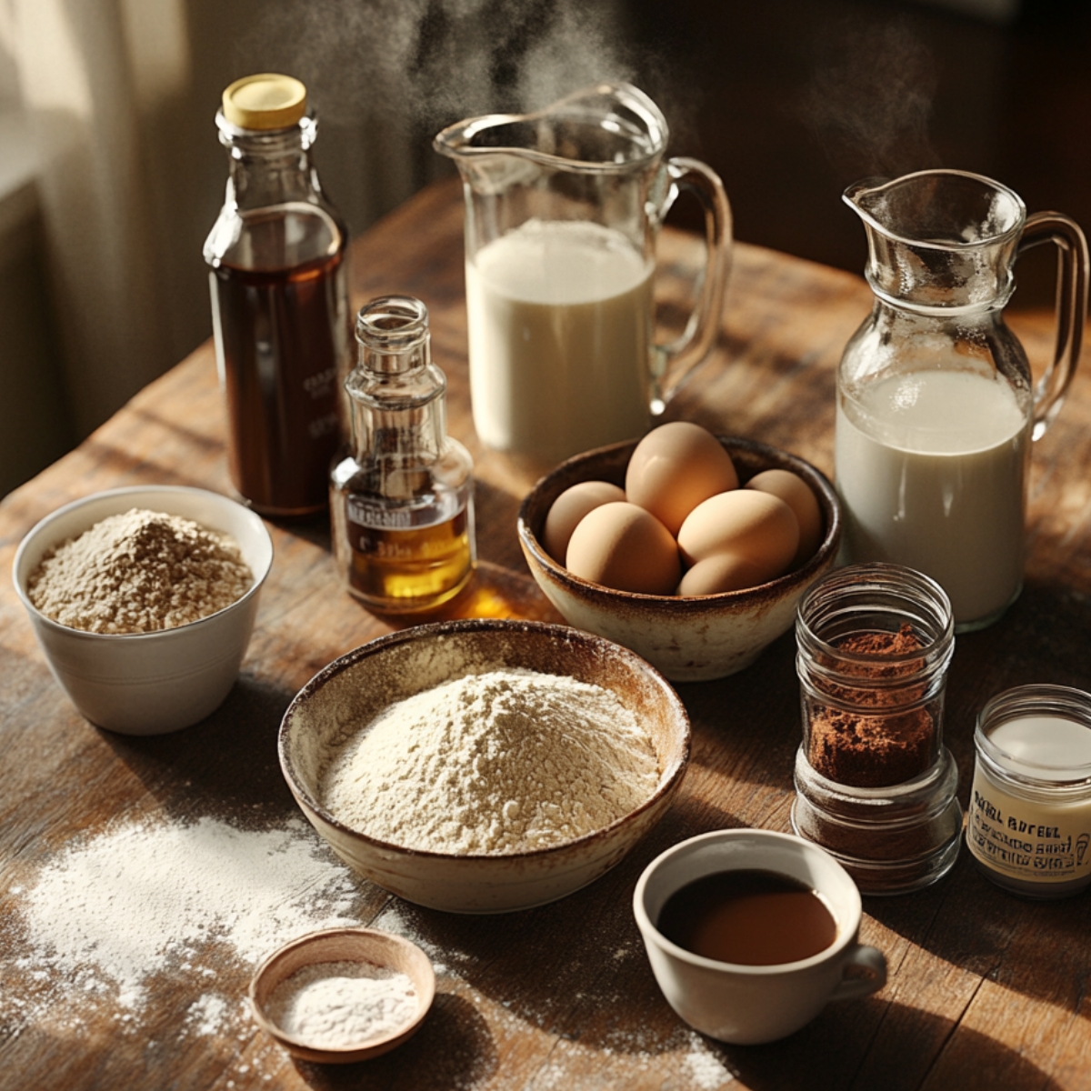 Overhead view of chocolate cake ingredients on a wooden table, including flour, sugar, cocoa powder, eggs, milk, oil, and vanilla, in a cozy homemade kitchen setting.