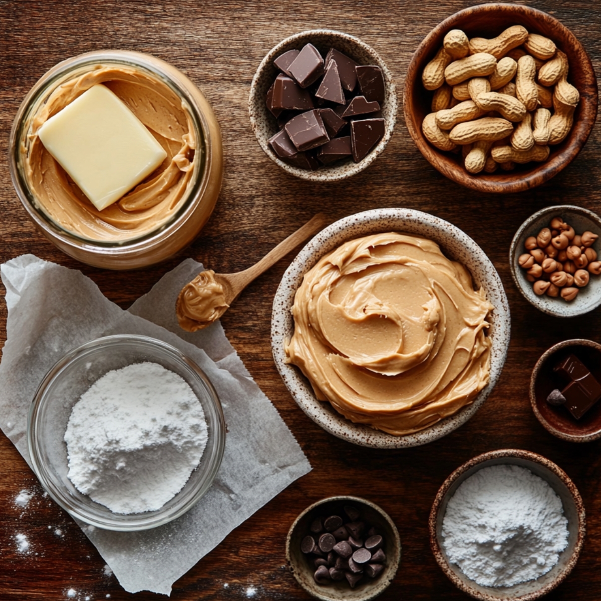 Overhead view of peanut butter cake ingredients on a wooden surface, including peanut butter, butter, powdered sugar, chocolate chunks, peanuts, and chocolate chips in rustic bowls.