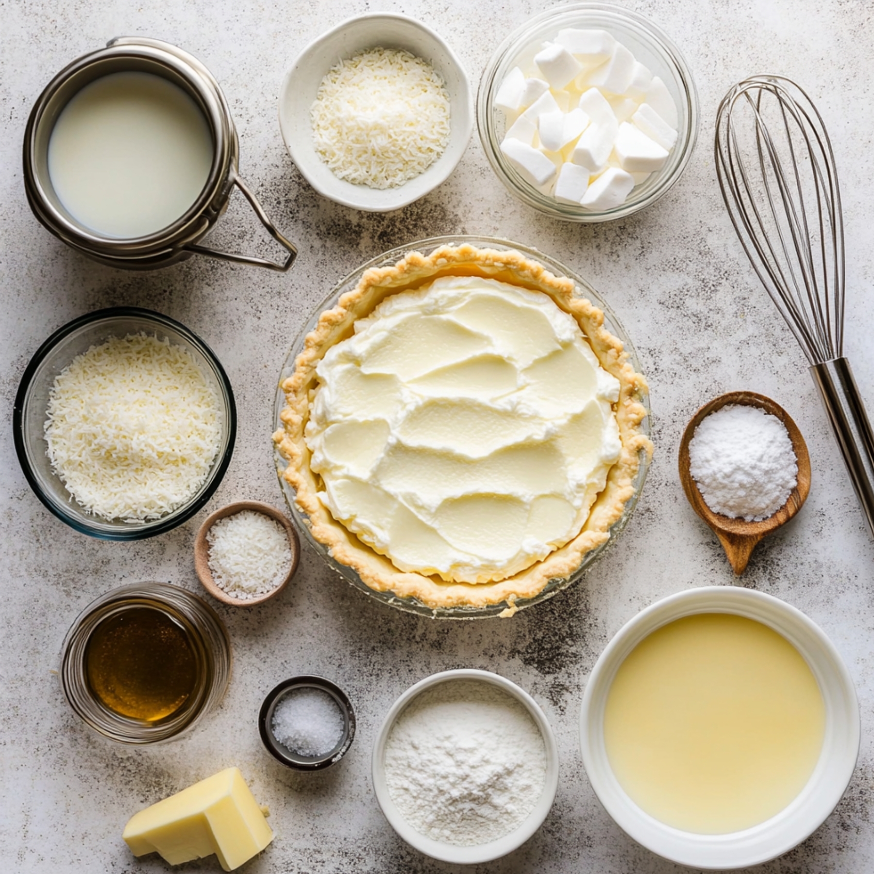 Homemade coconut cream pie with a golden crust and creamy topping, surrounded by baking ingredients like shredded coconut, milk, butter, powdered sugar, and a whisk on a light textured surface.