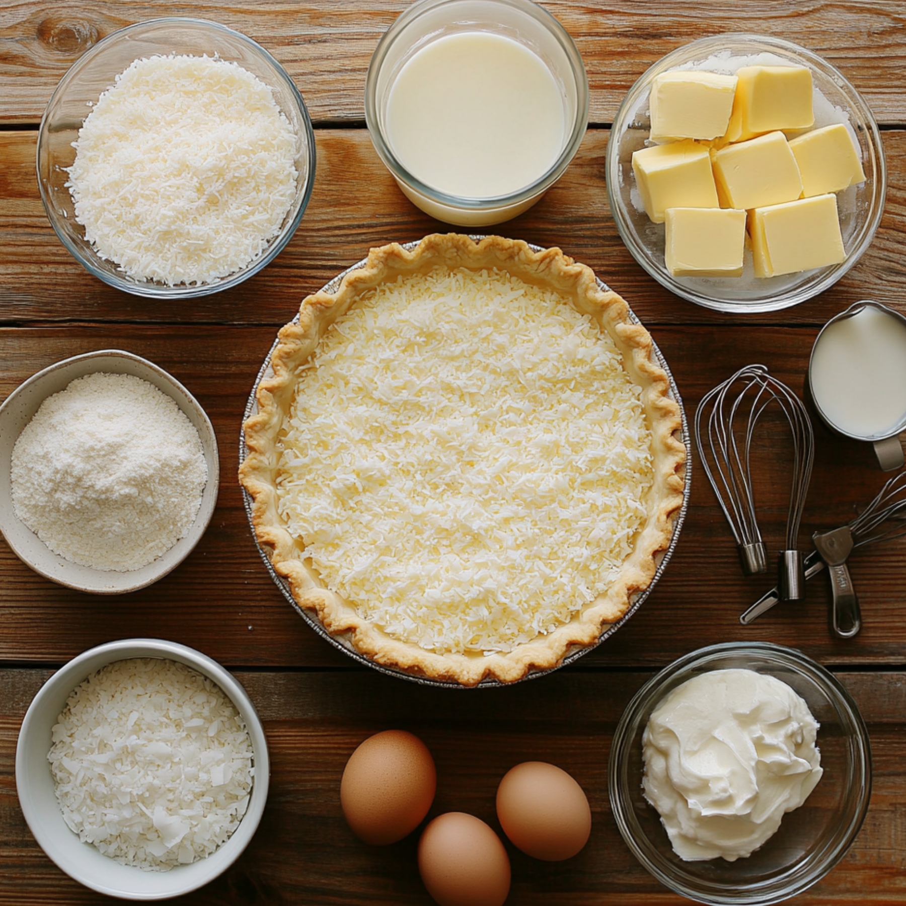 Ingredients for a homemade coconut cream pie arranged on a rustic wooden table, with a filled pie crust in the center surrounded by bowls of shredded coconut, butter, milk, sugar, eggs, whipped cream, and baking tools.