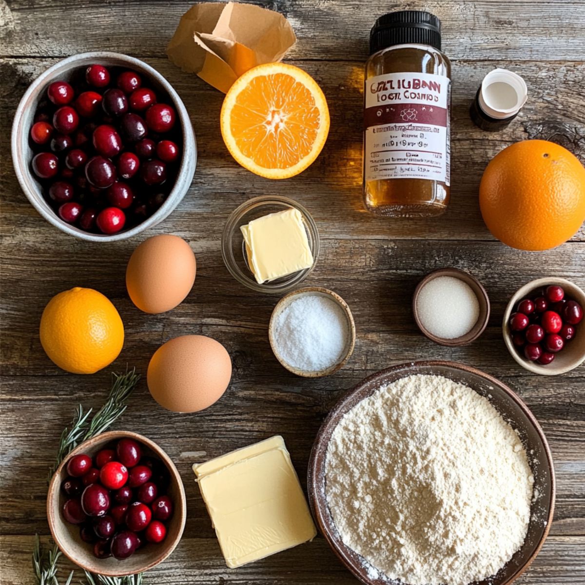 Fresh ingredients for homemade cranberry orange cookies on a rustic wooden table, including cranberries, flour, butter, eggs, oranges, sugar, and vanilla.