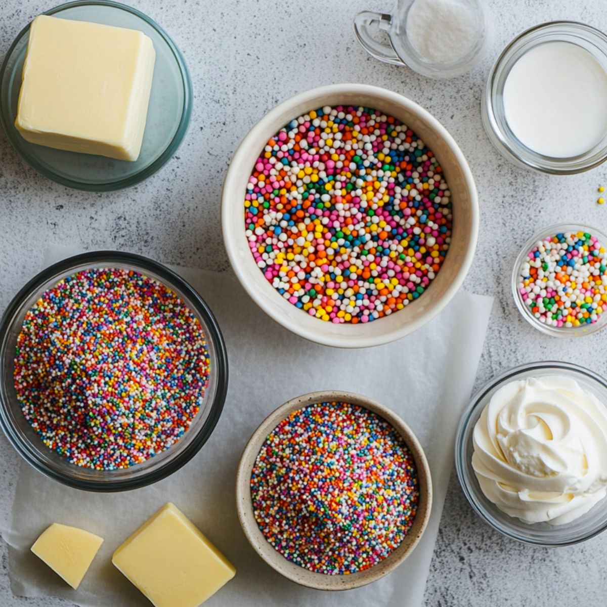 Bowls of rainbow sprinkles, butter, powdered sugar, cream, and whipped frosting on a kitchen counter for funfetti cupcakes decorating.
