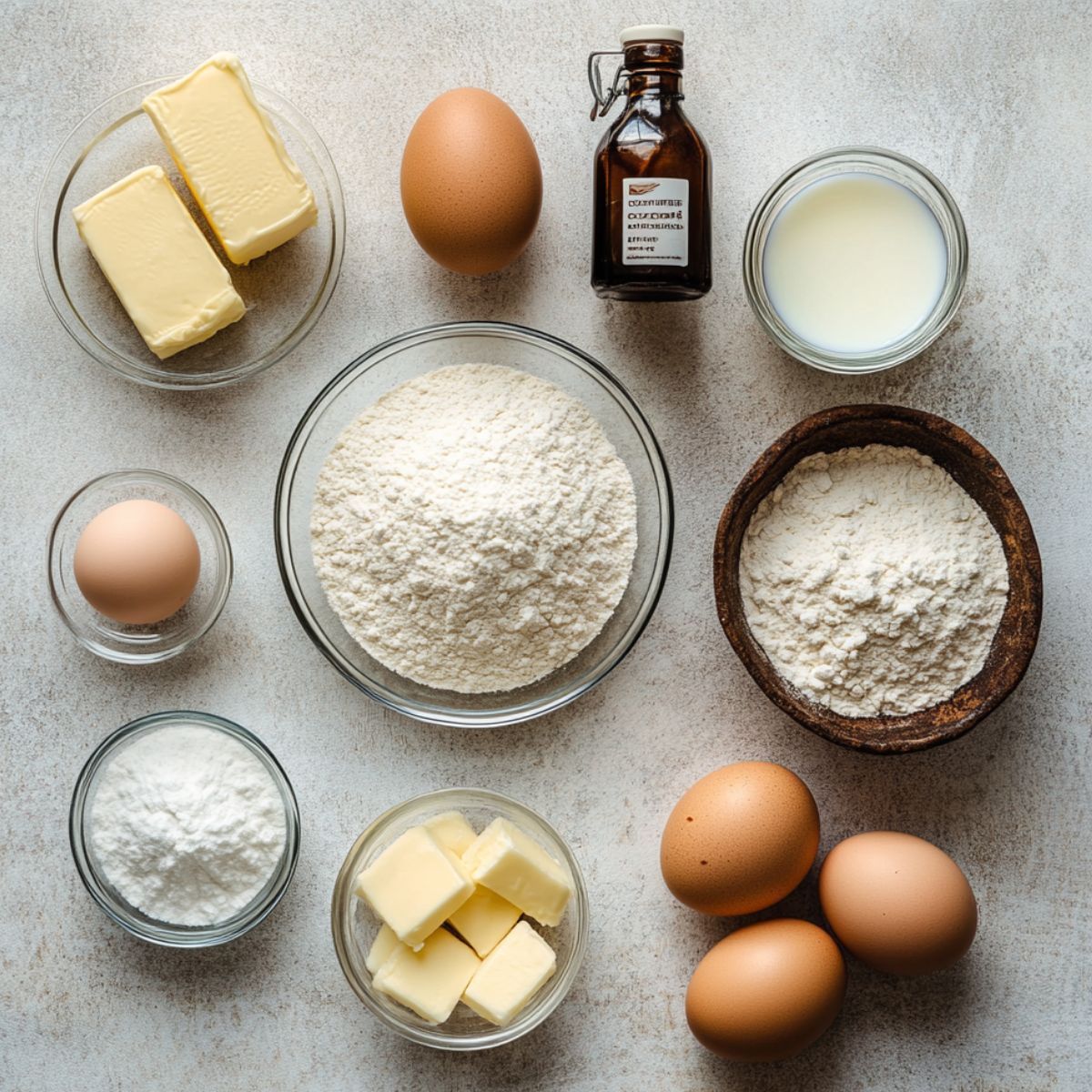Top view of baking ingredients for funfetti cupcakes, including flour, sugar, butter, eggs, milk, and vanilla extract on a kitchen counter.