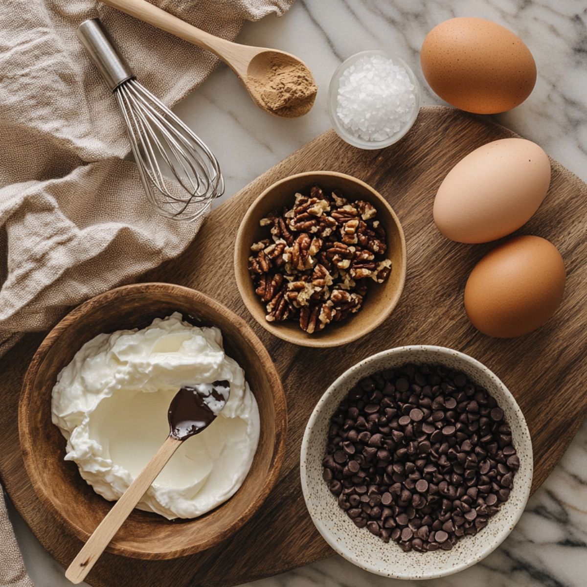 Gluten free brownies ingredients including eggs, yogurt, chocolate chips, pecans, sea salt, and espresso powder on a marble and wood surface.