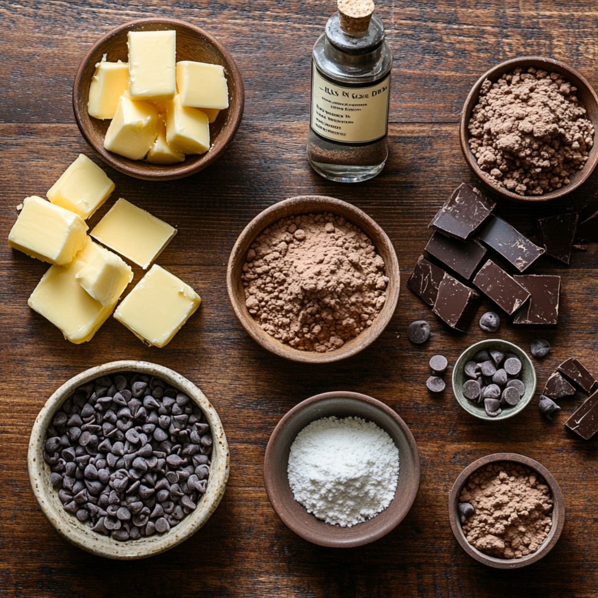 Flat lay of gluten free brownies ingredients on a wooden table, including butter cubes, cocoa powder, chocolate chips, dark chocolate chunks, vanilla extract, and starch.