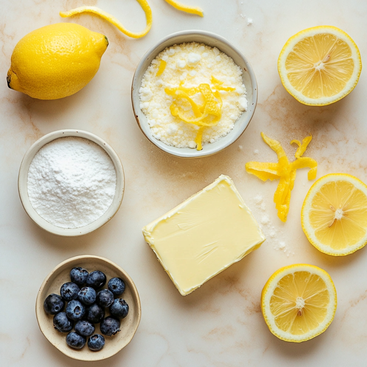 Frosting ingredients for lemon blueberry cupcakes, including butter, powdered sugar, lemon, zest, and blueberries on a light surface.