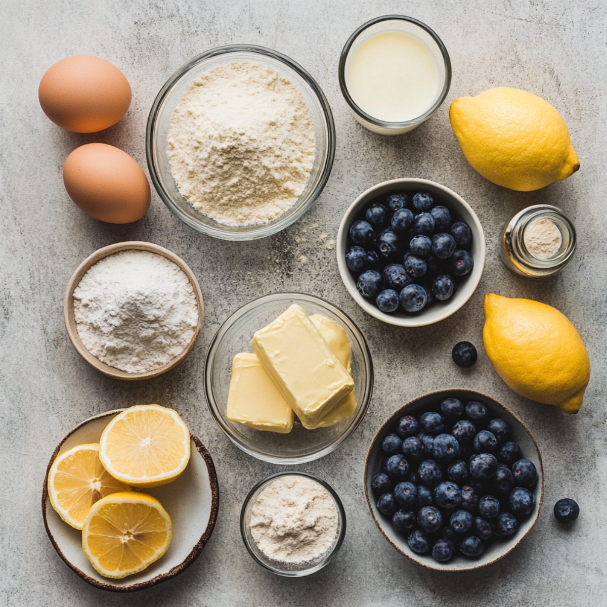 Ingredients for lemon blueberry cupcakes, including eggs, flour, butter, sugar, milk, lemons, blueberries, and baking powder arranged on a kitchen counter.