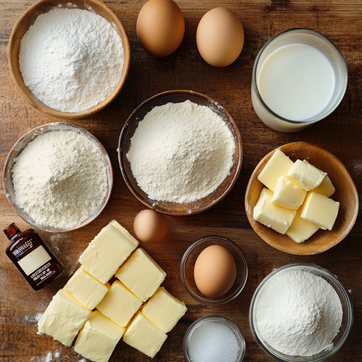 Marble cake ingredients on a wooden surface, including flour, sugar, butter, eggs, milk, vanilla extract, and salt, arranged naturally in bowls and cups.