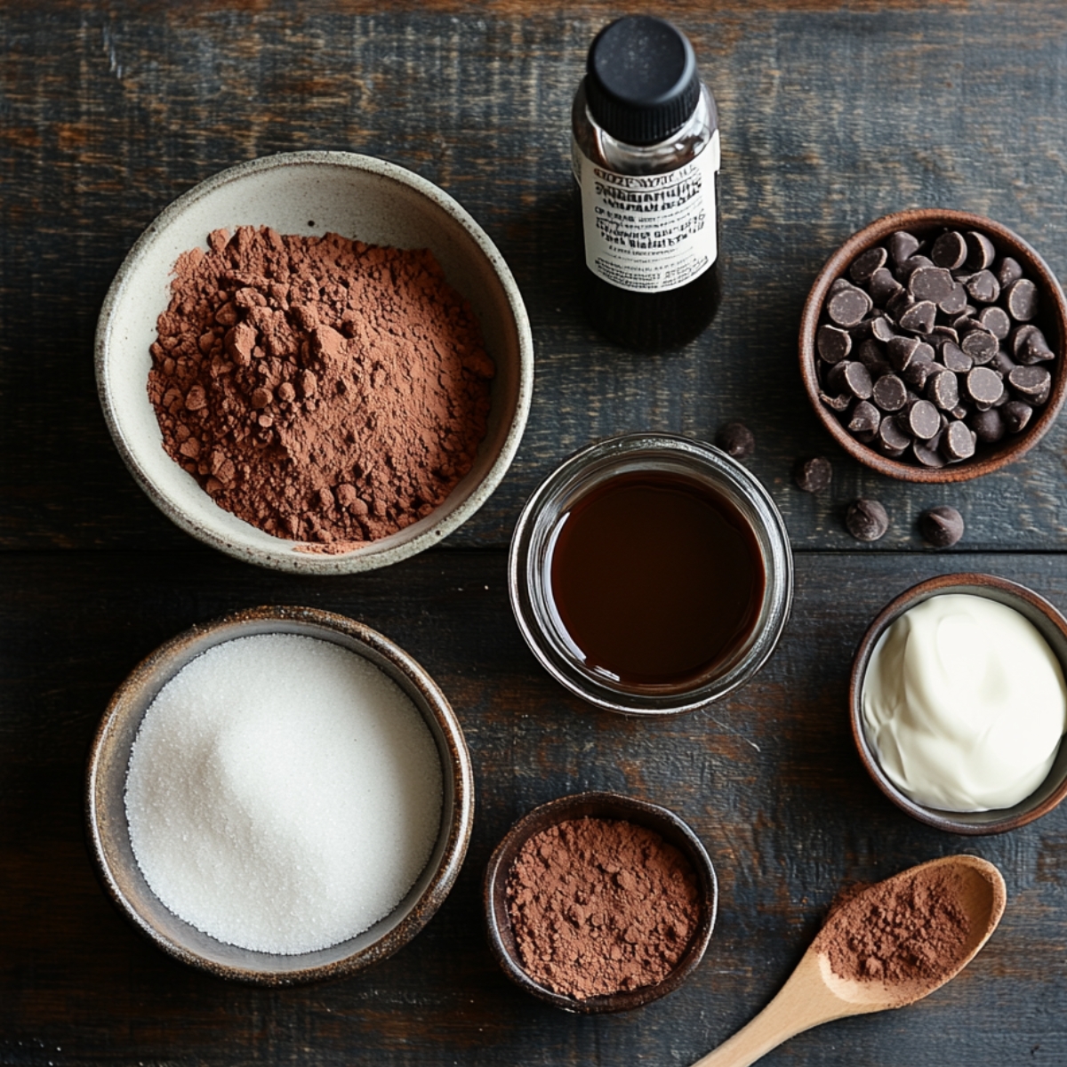 Chocolate swirl ingredients for marble cake on a rustic wooden surface, including cocoa powder, sugar, hot coffee, vanilla, sour cream, and chocolate chips.