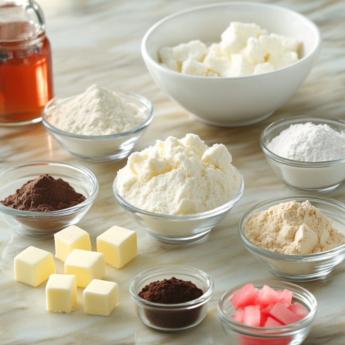 Bowls of flour, cocoa powder, powdered sugar, butter cubes, strawberry pieces, and vanilla extract arranged on a marble countertop.